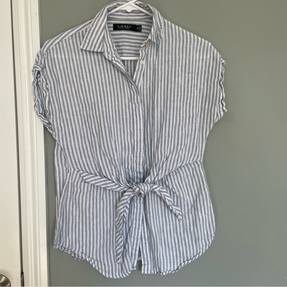 Lauren Ralph Lauren Blue and White Striped Button-Down Tie-Front Top